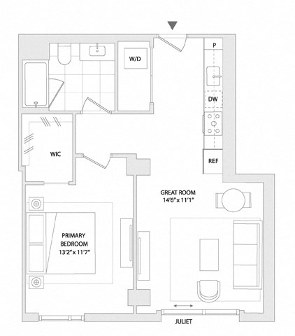 Floor plan for 1 bed, 1 bath, 678 sqft